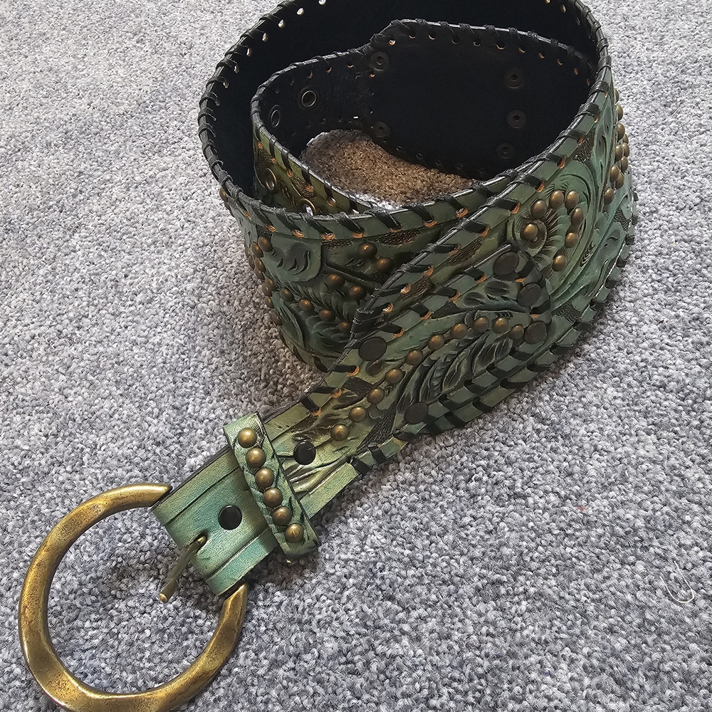 ORIGINAL JUAN ANTONIO Elegant Teal Hand Tooled Leather Belt  Brass Accents Large